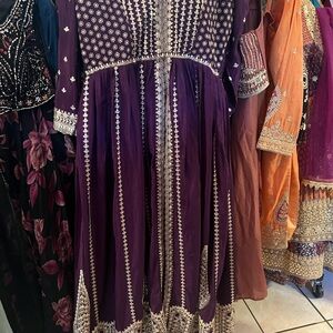 Purple/ wine color center cut embroidered gown with pants